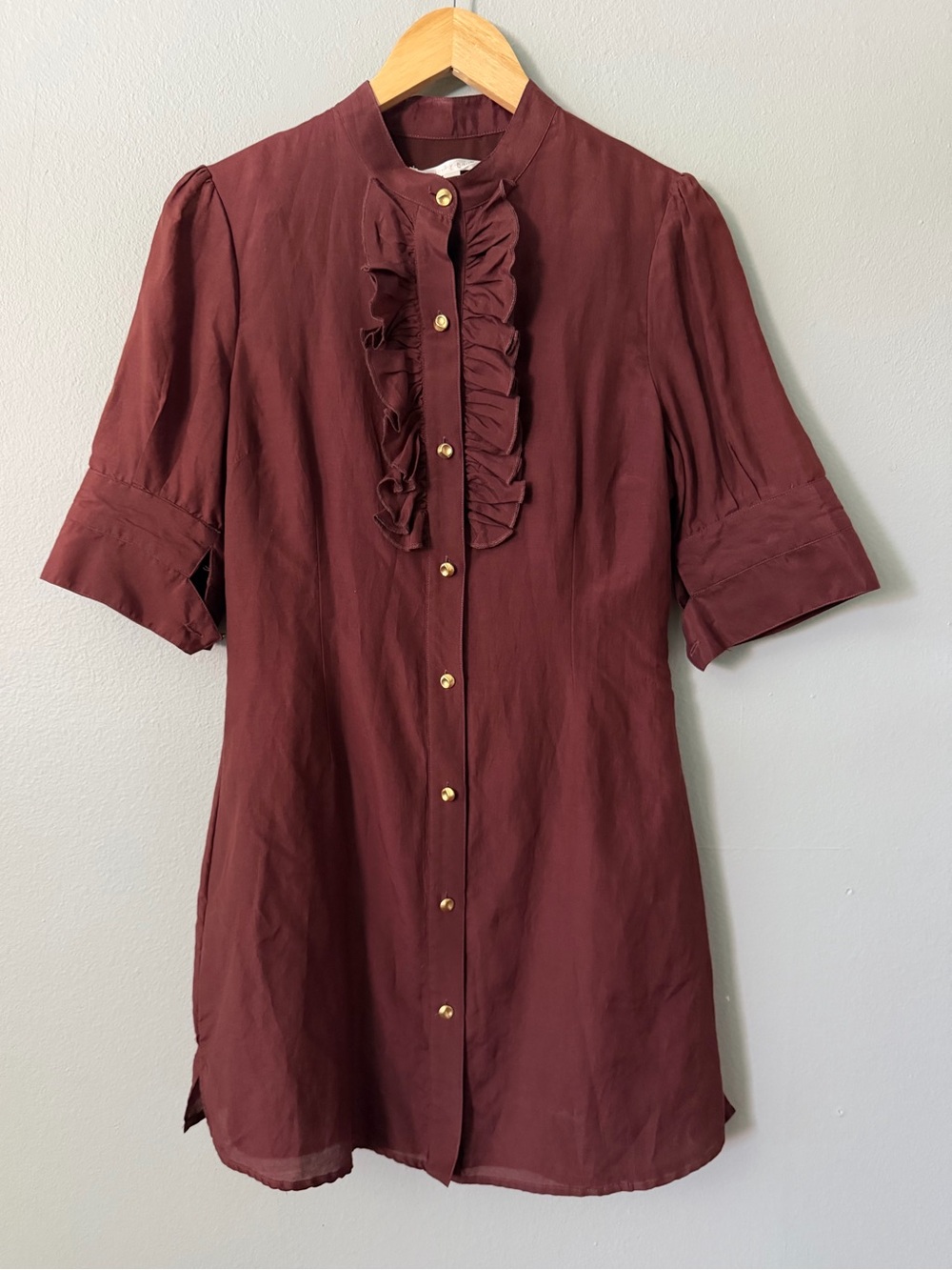 Jenny Han Silk Blend Ruffle Button Front Dress Burgundy Short Sleeve Size M